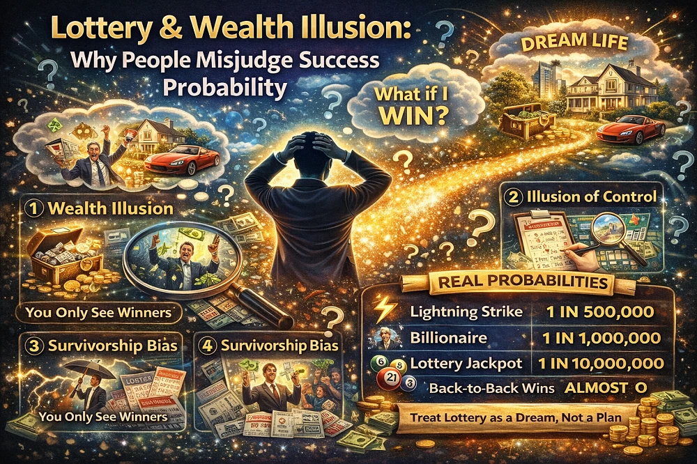 彩票与财富幻觉信息图，展示人们误判中奖成功概率的心理偏差与真实概率对比