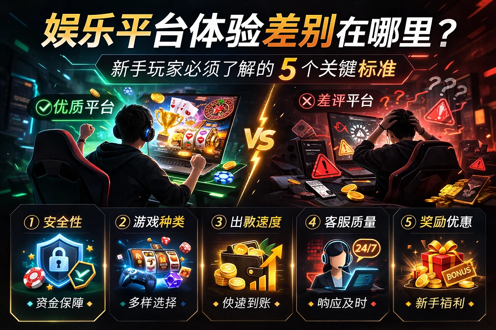 娱乐平台体验差别对比图，新手玩家了解5个关键标准，包括安全性、游戏种类、出款速度、客服质量和奖励优惠